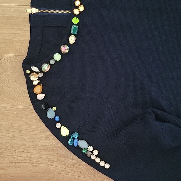 J Crew Merino Wool Jeweled Crew Neck Sweater 3/4 Sleeve XS Navy E2294 - Picture 2 of 9